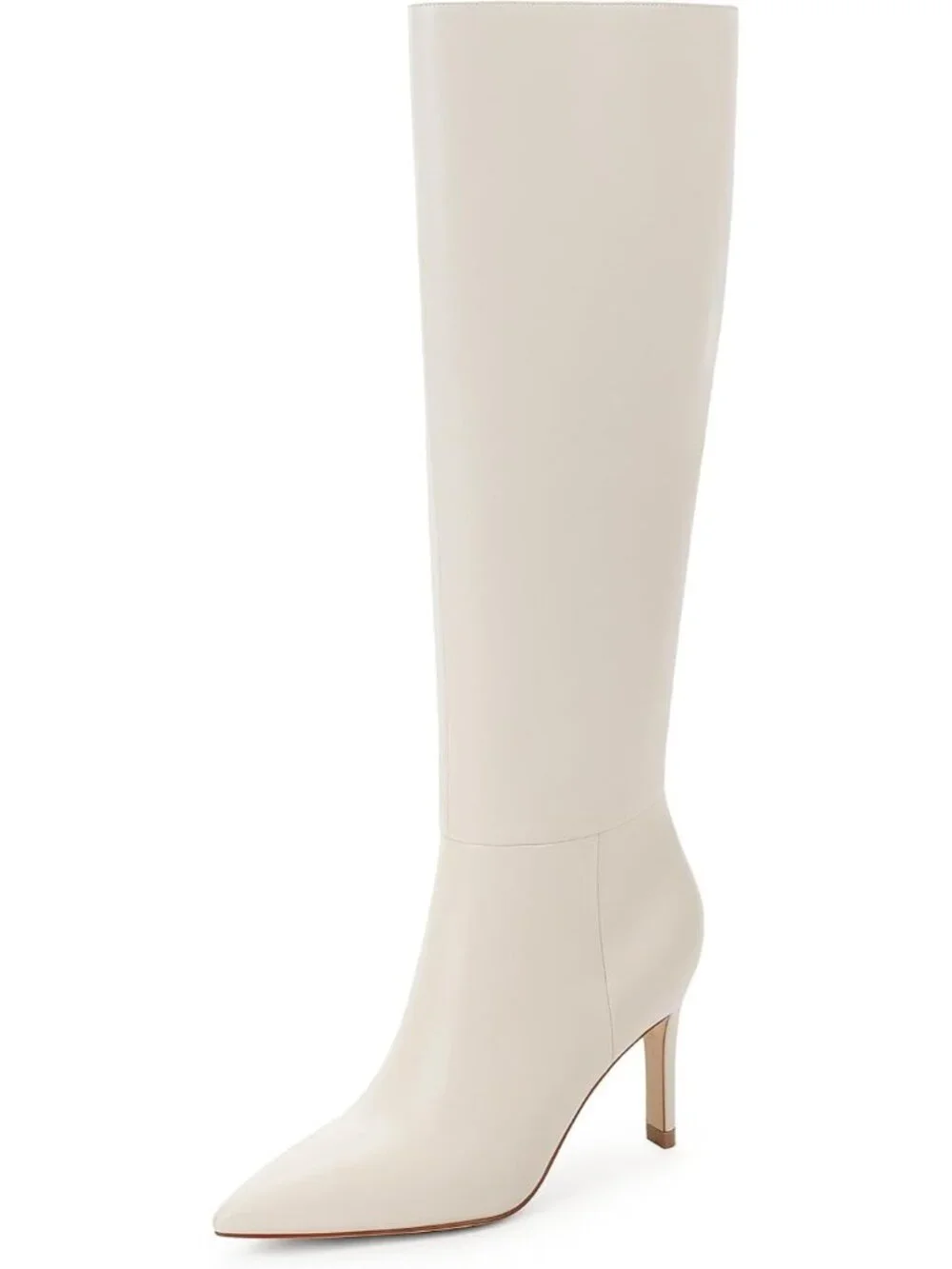 Women's Beige White Pointed Toe Faux Leather Stiletto Heel Over The Knee Boots